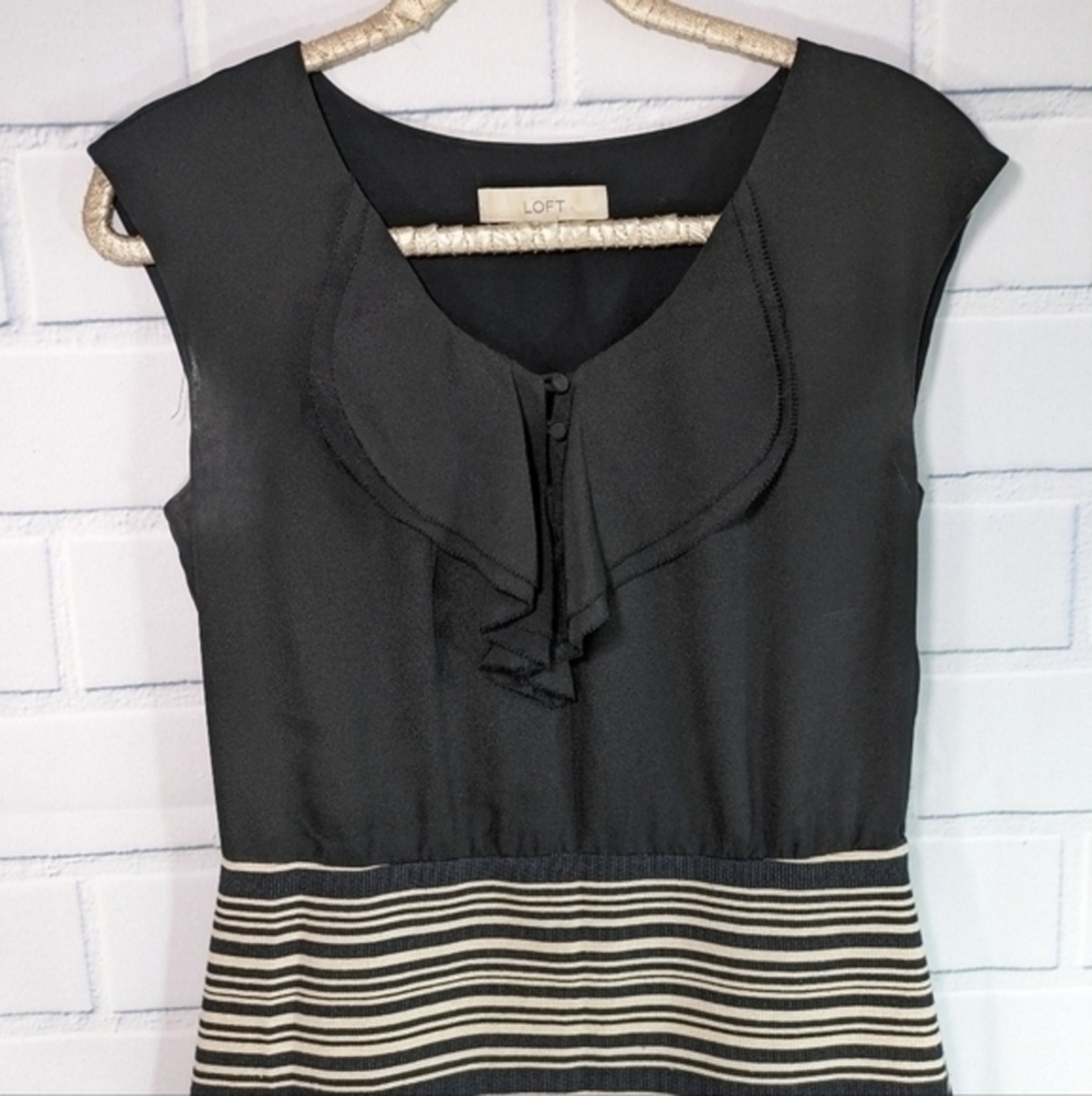 LOFT Black/Cream Sheath Dress Ruffled Bodice